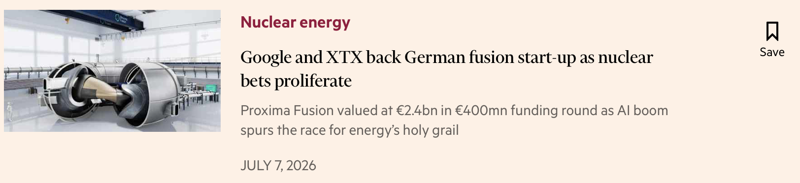 Financial Times headline about Google and XTX backing Proxima Fusion