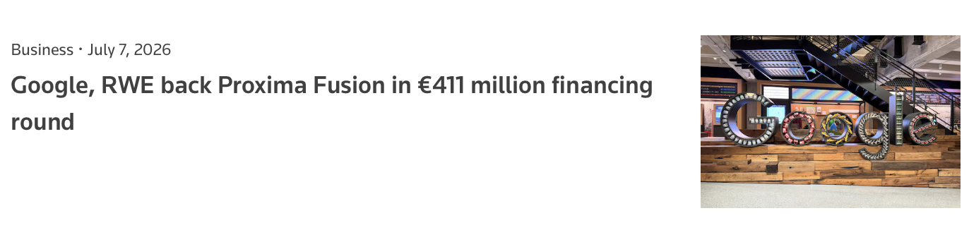 Headline about Google and RWE backing Proxima Fusion's financing round
